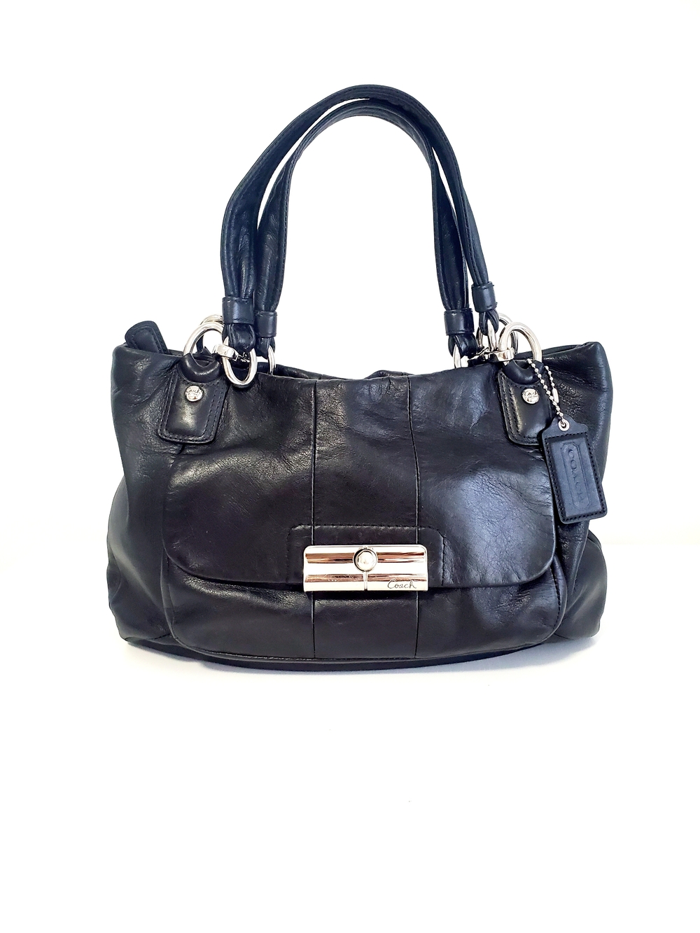 Coach Black Leather Shoulder Bag with Front Turnlock